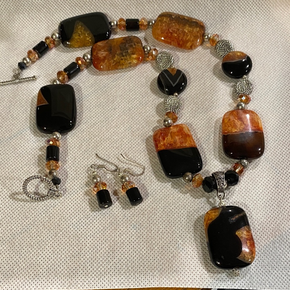 Amber and Black Necklace Set